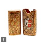 A Kashmir papier mache cigar case in traditional style with painted armorial crest of a deer