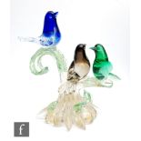 A 20th Century Murano glass sculpture of stylised birds in blue, cinnamon and green resting on a