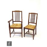A set of six Edwardian satinwood banded and line inlaid dining chairs, slat backs over slip in