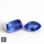 Two natural tanzanite stones, rectangular cushion cut, length 10.5mm, width 7mm, depth 5mm, weight