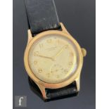 A gentleman's 9ct hallmarked J.W Benson manual wrist watch, gilt Arabic numerals and batons to a