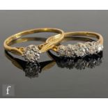 A mid 20th Century 18ct diamond five stone ring, transitional stones to knife edged shoulders,