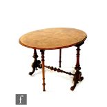 A Victorian walnut Sutherland table of oval form, the line inlaid top with a thumb-moulded edge