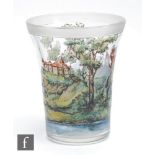 A late 19th Century Bohemian tumbler of tapering form, enamel decorated with a mountainous