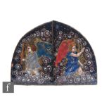 A pair of Limoges enamel corner sections from a triptych, one decorated with an winged angel,