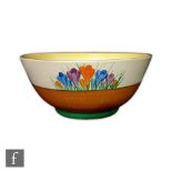 A Clarice Cliff Crocus pattern large Havre shape fruit bowl circa 1930, hand painted with crocus