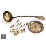 A hallmarked silver fiddle pattern soup ladle of plain form with engraved crest to terminal,