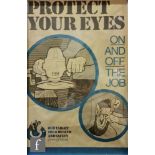 Four post 1950s Industrial posters titled 'Protect Your Eyes', 'Keep the guard on keep your hair
