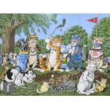 MICHAEL FELLOWS (CONTEMPORARY) - Feline golf tournament, humorous gouache illustration, signed and