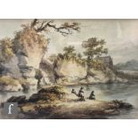 ATTRIBUTED TO JOSEPH BARBER (1757-1811) - Figures on a riverbank, watercolour, framed, 13cm x 17.