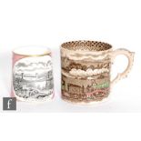 A 19th Century Wood, Challinor and Co mug decorated with an early railway locomotive pulling two