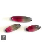 Three loose natural watermelon tourmaline stones, oval cut, lengths 17mm, 12.5m and 12mm, depths