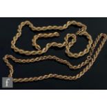 Two 9ct hollow link rope chains each terminating in bolt ring fastener, lengths 40cm, with a small