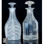 A late Georgian Regency cylinder decanter with a slice cut body detailed with a central oval