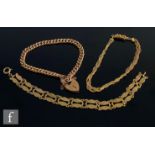 Three assorted 9ct bracelets, a curb link, a plaited flat curb and a pierced fancy link example,