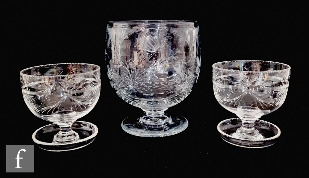 A near pair of Walsh clear glass grapefruit/sundae dishes, with intaglio cut decoration, marks,