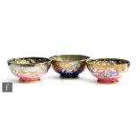 Three 1930s / 1940s Maling footed bowls comprising two decorated in the 6151 Floral Border Rose