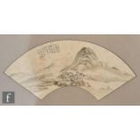 A Chinese fan painting in the manner of Pu Ru, the ink and monochrome watercolour washes depicting a