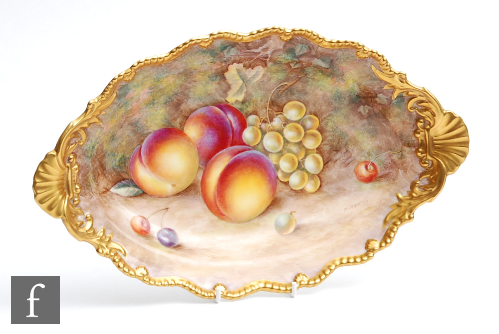 A Royal Worcester Fallen Fruits shaped oval dish decorated by Ayrton with hand painted peaches and