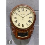 A 19th Century brass inlaid mahogany circular wall clock with single fusee movement, the painted