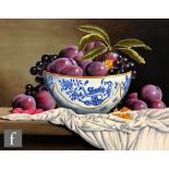 CLAUDE YVES ROBERT (CONTEMPORARY) - Plums and grapes in a bowl on a table top, oil on canvas,