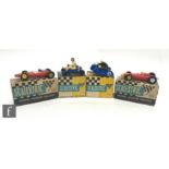 Four Triang Scalextric slot cars, a K1 Go-Kart in blue with figure driver with red helmet, S/D, B2
