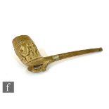 A large novelty clay pipe with plated collar, the bowl decorated with a scene of a football match,