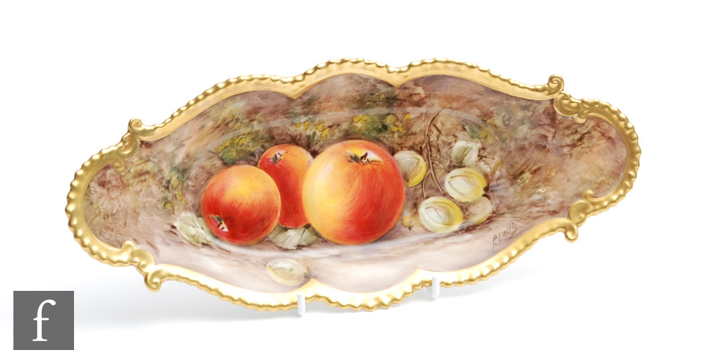 A Royal Worcester Fallen Fruits shaped oval dish decorated by Love with hand painted apples and