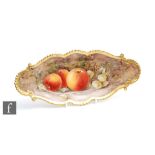 A Royal Worcester Fallen Fruits shaped oval dish decorated by Love with hand painted apples and