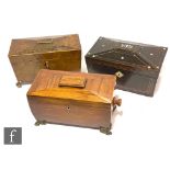 A 19th Century yew wood sargophagal tea caddy with fitted canister interior, width 31cm, a similar