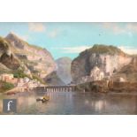 CESARE UVA (ITALIAN, 1824?1886) - Italian lake scene with old stone bridge, gouache, signed, framed,