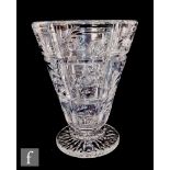 A 20th Century Stuart and Sons clear crystal vase of footed conical form, cut with panels of