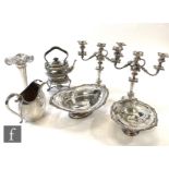 Assorted silver plated items to include a spirit kettle and stand, a water jug, a pair of three