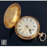 An 18ct hallmarked full hunter verge pocket watch, Roman numerals to a white enamelled dial, case