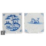 Two 18th or early 19th Century Delft 5 inch plastic clay tiles, the first decorated with a