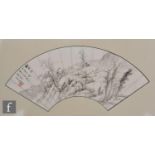 A Chinese fan painting, in the manner of Pu Ru, the folded fan painted in monochrome washes and ink,