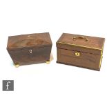 A small 19th Century mahogany sargophagal shaped tea caddy with fitted two divisions, on ivory feet,