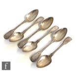 A set of six hallmarked silver fiddle and thread dessert spoons, weight 8oz, engraved initials to