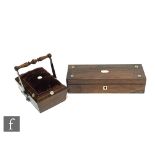 A 19th Century rosewood sewing basket with inset mother of pearl discs, the velvet pin cushion cover