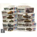 Eleven Tamiya 1:35 scale military plastic model kits, to include 35356-4200 Archer, 35017-2800