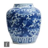 A Chinese blue and white Wanli (1573-1620) style jar of rounded ovoid form, the exterior sides