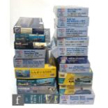 Nineteen 1:350 scale plastic model kits, all boats, mostly German and Russian by HobbyBoss, Revell