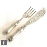 A pair of hallmarked silver fish server knife with foliate engraved scrolls, eagle, serpent and fish