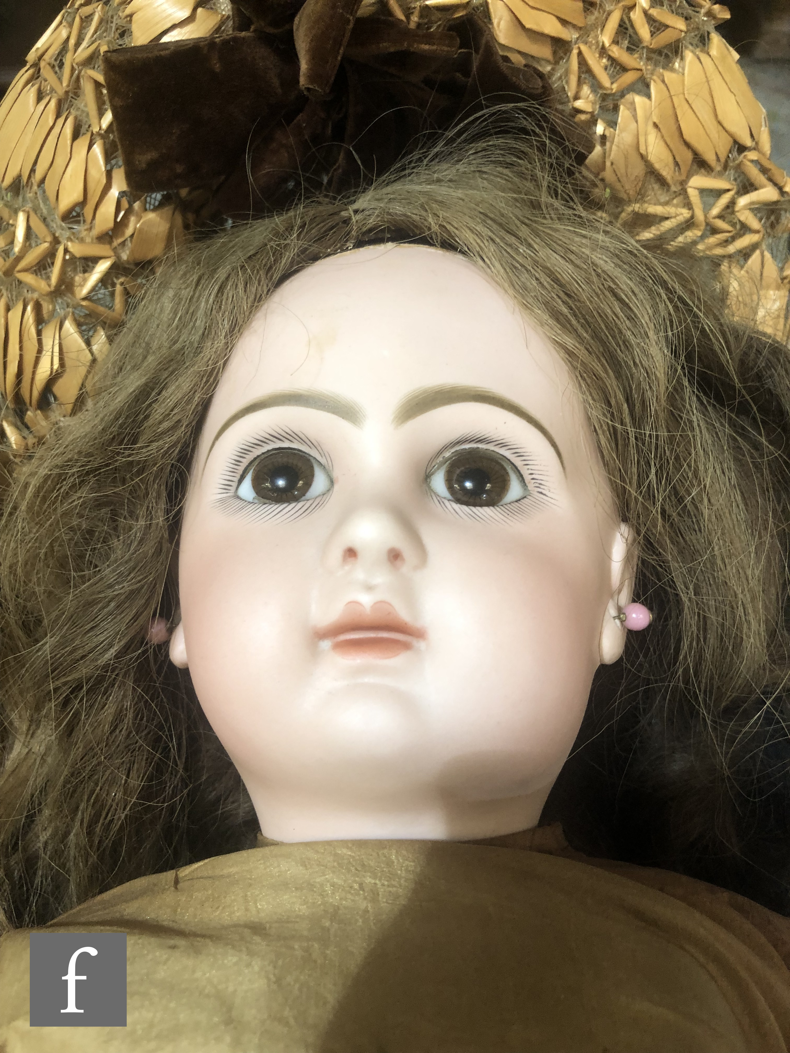 A late 19th Century Jumeau Bebe bisque socket head doll, with fixed brown paperweight eyes, - Image 2 of 5