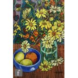 KAREN PAWLEY (B. 1965) - Daisies and a fruit bowl on a table top, pastel drawing, signed, dated 1994