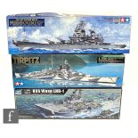Three 1:350 scale plastic model kits, all ships, Trumpeter 05611 USS Wasp LHD-1, Tamiya 78015-6500
