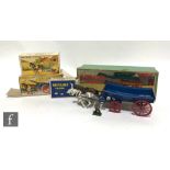 A Britains Farm series 9F Horse Roller with man, brown horse with blue roller with farmer,