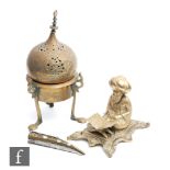 Three Middle Eastern items to include a 19th Century Turkish pierced brass incense holder, a