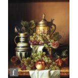 ZOLTAN PREINER (HUNGARIAN, B. 1955) - Grapes, peaches and a tankard on a marble ledge, oil on board,