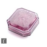 A 1930s Czechoslovakian pressed glass trinket box by Heinrich Hoffman, of square section with canted